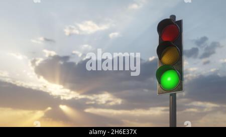 3D Rendering einer Ampel vor dem Hintergrund des Sonnenuntergangshimmels. Stockfoto