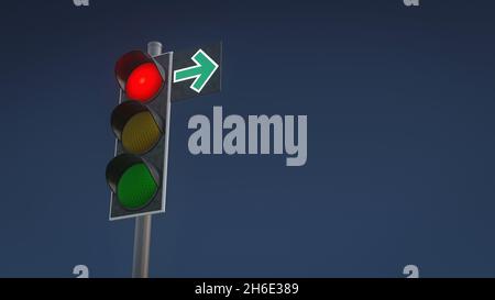 3D Darstellung einer Ampel mit Pfeil vor dem Hintergrund des blauen Himmels. Stockfoto