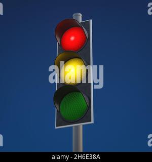 3D Darstellung einer Ampel vor dem Hintergrund des blauen Himmels. Stockfoto