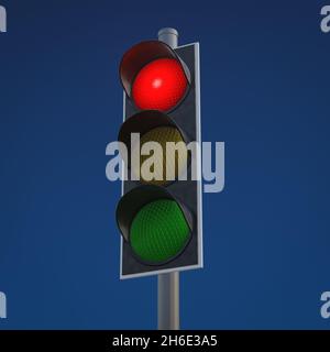 3D Darstellung einer Ampel vor dem Hintergrund des blauen Himmels. Stockfoto