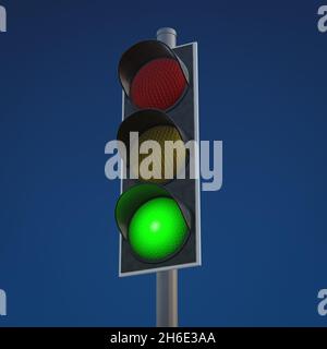 3D Darstellung einer Ampel vor dem Hintergrund des blauen Himmels. Stockfoto