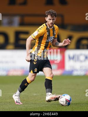 Aktenfoto vom 24-04-2021 von Jack Iredale von Cambridge United. Cambridge-Chef Mark Bonner hat vorgeschlagen, dass er eine Reihe von Änderungen vornehmen könnte, bevor seine Spielrunde im FA Cup gegen Northampton ausgetragen wird. Ausgabedatum: Montag, 15. November 2021. Stockfoto