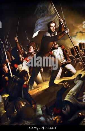 Die Schlacht von Trocadero am 31. August 1823, ein historisches Ölgemälde im romantischen Stil des französischen Künstlers Paul Delaroche, das Prinz Charles Albert von Savoy bei der Führung der französischen Truppen zur Erstürmung des Forts während der Expedition von Spanien zeigt. Carlo Alberto, Prinz von Carignano bei der Eroberung des Trocadero 1829 von Constantin Abraham, 1785 - 1855 Italien, italienisch, Frankreich, französisch Stockfoto