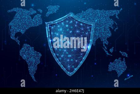 Polygonales Schild mit Globenkarte im Drahtformat. Cyber-Sicherheit, Weltschutz-Konzept mit glühendem Low-Poly-Schutz. Futuristischer, moderner abstrakter Hintergrund Stock Vektor