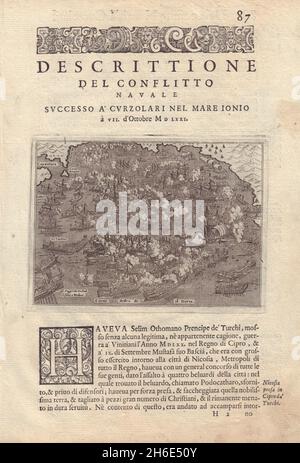 Beschreibung del conflitto navale…Curzolari PORCACCHI Schlacht von Lepanto 1590 map Stockfoto