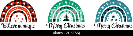 Boho-Regenbogen. Boho Weihnachten isoliert Ornament. Buffalo Plaid Sublimation. Frohe Weihnachten. Glauben Sie an Magie. Weihnachtsbaum, Schneeflocken, Sterne Stock Vektor