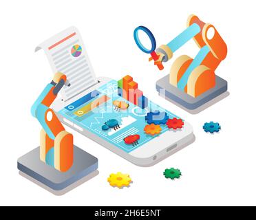 Automatisierte Tests von mobilen Apps, Vektor-isometrische Darstellung. Debugging, Qualitätssicherung, mobile Testautomatisierung. Stock Vektor
