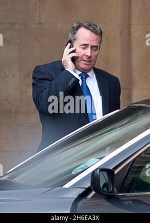 Verteidigungsminister Liam Fox plaudert auf seinem Handy, als er das Unterhaus verlässt, nachdem er Fragen über seine Freundschaft mit Adam Werrity beantwortet hat. Stockfoto