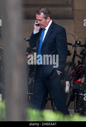 Verteidigungsminister Liam Fox plaudert auf seinem Handy, als er das Unterhaus verlässt, nachdem er Fragen über seine Freundschaft mit Adam Werrity beantwortet hat. Stockfoto