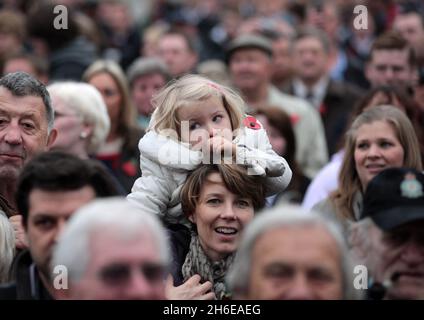 Am Trafalgar Square im Zentrum von London treffen sich Serviceleute, Freunde und Familie zum Waffenstillstandstag Stockfoto