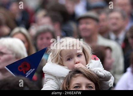 Am Trafalgar Square im Zentrum von London treffen sich Serviceleute, Freunde und Familie zum Waffenstillstandstag Stockfoto