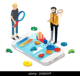 Menschen fangen Bugs auf Smartphone-Bildschirm, Vektor isometrische Illustration. Mobile Entwicklung, Tests, Qualitätssicherung. Stock Vektor