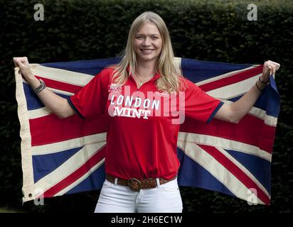 Mint Polo im Park Botschafter Jodie Kidd startet eine Petition an das Internationale Olympische Komitee, um Polo wieder als olympischen Sport einzusetzen, im Mandarin Hotel in Knightsbridge, London Stockfoto