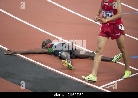 Olympische Spiele 2012 in London - 05/08/12 Ezekiel Kemboi gewinnt im Olympiastadion in London die 3.000-Meter-Hindernislauf der Männer für Kenia Stockfoto