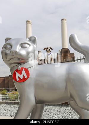 Eine überlebensgroße Monopoly Cat ist in London angekommen, um dem Scottie Dog genau zu zeigen, wer wirklich der beste Hund in dem schnelllebigen Immobilienkrieg ist. Anlässlich der Einführung des neuen Monopoly Cat-Tokens tourte der Monopoly Cat durch die real-Londoner Straßen des klassischen Hasbro-Spiels und wurde nun von Battersea Dogs & Cats Home übernommen. Fans aus 185 Ländern der Welt stimmten für die Katze. Stockfoto