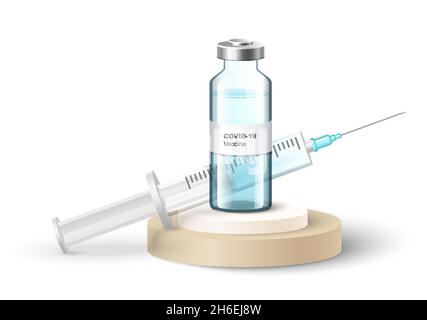Covid-19 Impfstoffflasche für medizinisches Fläschchen, Injektionsspritze auf dem Podium, Vektorgrafik. Coronavirus-Impfung. Stock Vektor