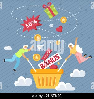 Sammeln Sie Punkte, Boni, Rabatte, Geschenke für Online-Einkäufe, Kundenbelohnungs-Treueprogramm, Käuferattraktion, Vektor. Stock Vektor