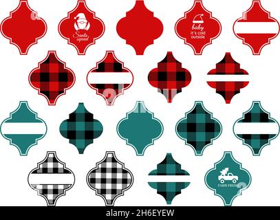 Arabisches Fliesenornament. Arabeskes Weihnachtsmonogramm. Buffalo Karos. Rot grün schwarz und weiß. Rahmen für den Winterurlaub. Navigationsleiste Kader des Weihnachtsmanns. Bauernhof Stock Vektor
