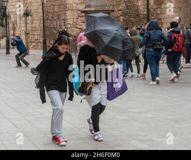 Touristen in Palma, Mallorca, ertragen Regen und Windböen bis zu 40 mph heute, als Großbritannien weiterhin eine Hitzewelle genießt Stockfoto