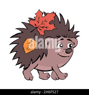 Kleiner fröhlicher Igel mit Herbstblättern auf dem Rücken. Ein Lächeln auf meinem Gesicht. Vektor isolierte Cartoon-Illustration Stock Vektor