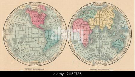 Welt. Westliche Hemisphäre Und Östliche Hemisphäre. JOHNSON 1865 alte antike Landkarte Stockfoto