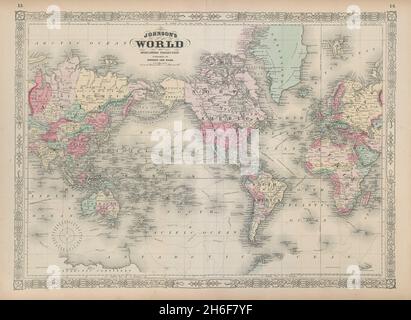 Johnson's World on Mercator's Projection. Amerika-zentrierte 1865 alte Karte Stockfoto