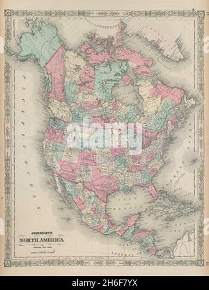 Johnsons Nordamerika. Russian Alaska Wyoming innerhalb des Dakota Territory 1865 Karte Stockfoto