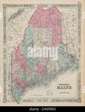 Johnsons Maine. US State Karte zeigt Grafschaften 1865 alte antike Plan-Karte Stockfoto