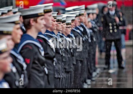 Die jährliche Trafalgar Day Parade findet auf dem Trafalgar Square statt, um die Erinnerung an Admiral Lord Nelson und den Sieg bei der Schlacht von Trafalgar zu ehren. Stockfoto