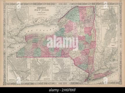 Johnson's Karte des Bundesstaates New York. Albany Troy Rochester Buffalo Syracuse 1865 Stockfoto