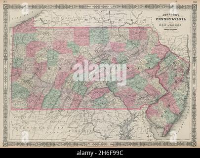 Johnson's Pennsylvania und New Jersey. US-State-Karte mit den Grafschaften 1865 Stockfoto