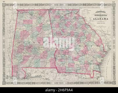 Johnson's Georgia & Alabama. US-State-Karte zeigt Grafschaften 1865 alt Stockfoto
