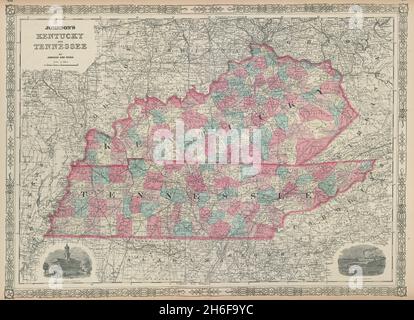 Johnson's Kentucky und Tennessee. US-State-Karte zeigt Grafschaften 1865 alt Stockfoto