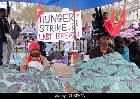 Zwei tamilische Demonstranten (links), Parameswaran Subramaniyam und Sivatharshan Sivakumar , im Bild in Westminster, befinden sich seit Montag im Hungerstreik, um gegen die Offensive der Regierung Sri Lankas gegen die Tamilischen Tiger-Rebellen und angebliche Menschenrechtsverletzungen zu protestieren. Stockfoto