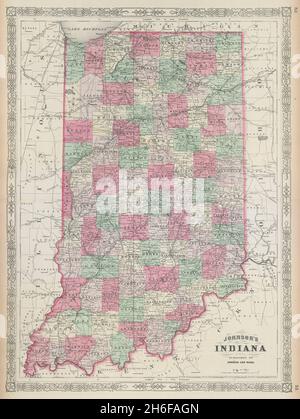 Johnson's Indiana. US-Staatskarte mit der alten antiken Karte der Grafschaften 1865 Stockfoto