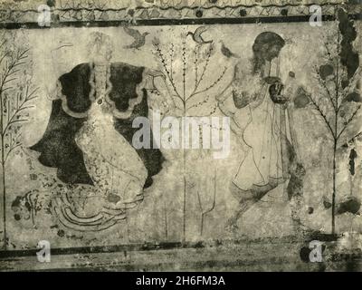 Fresko am etruskischen Grab des Triclinium, Tarquinia, Italien 1930er Jahre Stockfoto