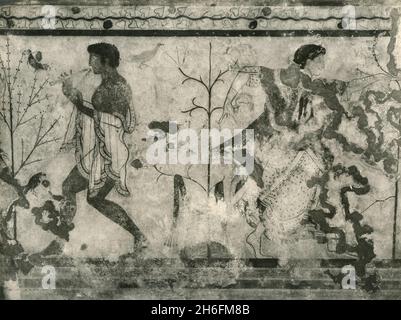 Fresko am etruskischen Grab des Triclinium, Tarquinia, Italien 1930er Jahre Stockfoto