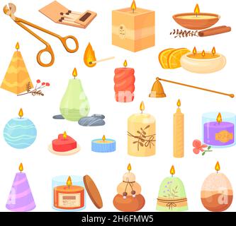 Aromatische Cartoon-Kerzen. Romantische Kerze im Glas, Aroma-Therapie, Dekoration, Candle-Light-Spa entspannen, Wachs mit brennendem Docht, Feuer helle Erinnerung, setzen verschiedene nette Vektor-Illustration Stock Vektor