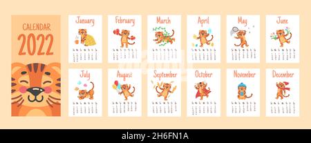 Kalender niedlichen Tigern. Chinesisches Neujahr 2022, Monatsseiten mit Tierfiguren, Winter-weihnachtsplaner, Tiger-Gesicht, Kinderplan, Vektor-Illustration. Tiger Kalender 2022, glückliches chinesisches neues Jahr Stock Vektor