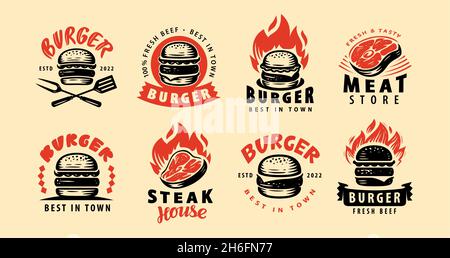 Set aus Steak, Burger-Emblemen mit Schriftzug. Designelemente für Logo, Etikett, Emblem, Schild Stock Vektor