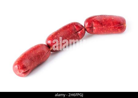 Geräucherte Würste Nahaufnahme isoliert auf weißem Hintergrund Stockfoto