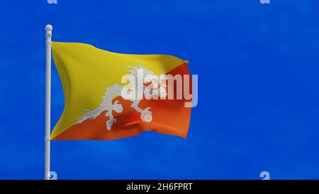 Nationalflagge des Königreichs Bhutan, winkt im Wind. 3d-Rendering, CGI Stockfoto