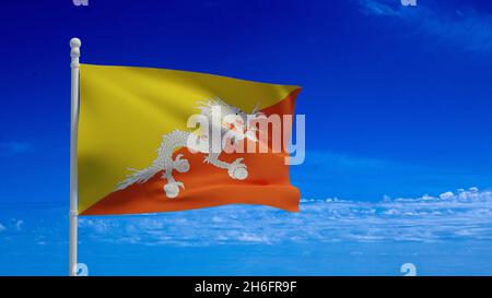 Nationalflagge des Königreichs Bhutan, winkt im Wind. 3d-Rendering, CGI Stockfoto