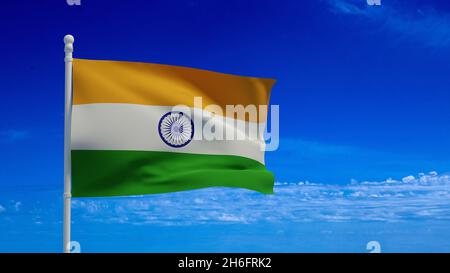 Nationalflagge der Republik Indien, winkend im Wind. 3d-Rendering, CGI Stockfoto