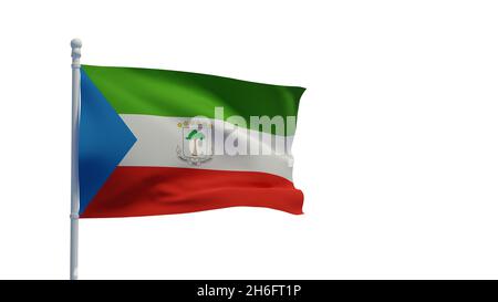 Nationalflagge der Republik Äquatorialguinea, winkend im Wind. 3d-Rendering, CGI. Abbildung, isoliert auf Weiß Stockfoto