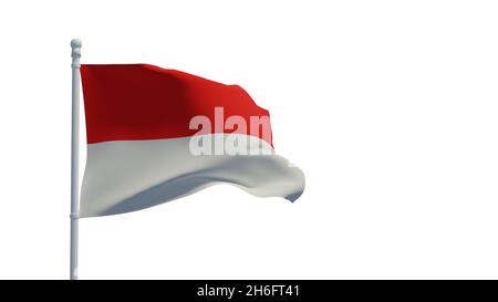 Nationalflagge der Republik Indonesien, winkend im Wind. 3d-Rendering, CGI. Abbildung, isoliert auf Weiß Stockfoto