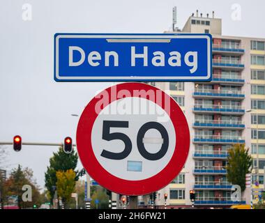 Ortsname Zeichen der Stadt Den Haag (Niederländisch: Den Haag) in den Niederlanden. Stockfoto