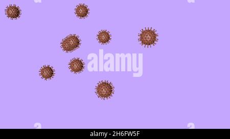3D Darstellung von Viruspartikeln und Virusstrukturen auf violettem Hintergrund mit Kopierraum Stockfoto