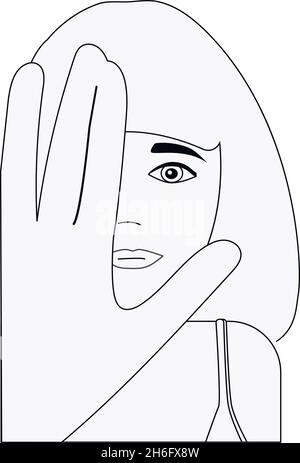 Serious Mädchen sieht gerade aus. Geste anhalten. Avatar Vektorgrafiken Handzeichnung schwarz-weiß. Stock Vektor