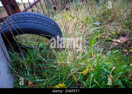 Gebrauchte Reifen wurden illegal am Straßenrand in einer ruhigen Gasse in der Nähe von Halifax, Calderdale, West Yorkshire, abgeladen. Fliegenkippen ist eine schwere Straftat, die eine Geldstrafe von bis zu £50,000 (unbegrenzt, wenn der Fall an das Crown Court geht) mit sich bringt, oder ein Täter kann sogar ins Gefängnis geschickt werden. Stockfoto